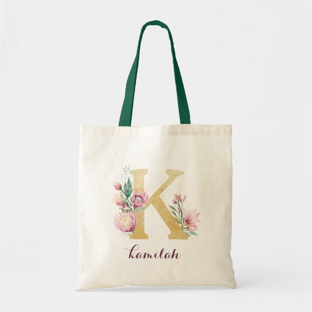 Blommigt Guld Greenery Lila Personlig Monogram Tygkasse (Framsidan)