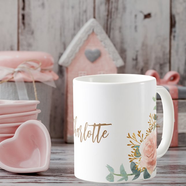 Blommigt guld grönt guld namn kaffemugg (Skapare uppladdad)