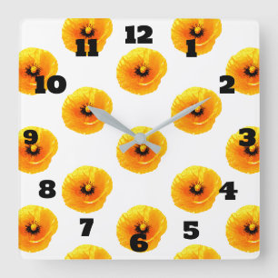 Blommigt Guld Gult Poppy Flower Girls Boys Nursery Fyrkantig Klocka