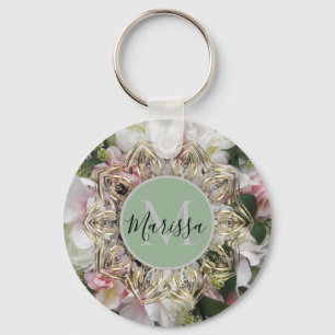 Blommigt Guld Hexagon Mandala Monogram Nyckelring
