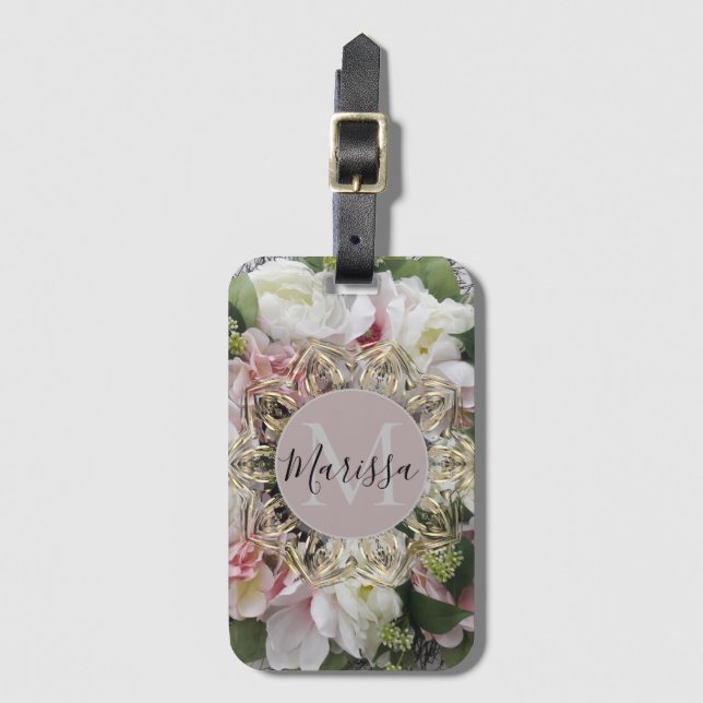 Blommigt Guld Hexagon Mandala Monogram Personlig Bagagebricka (Framsida vertikal)