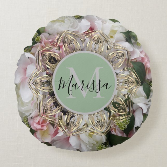 Blommigt Guld Hexagon Mandala Monogram Round Pillo Rund Kudde (Framsidan)