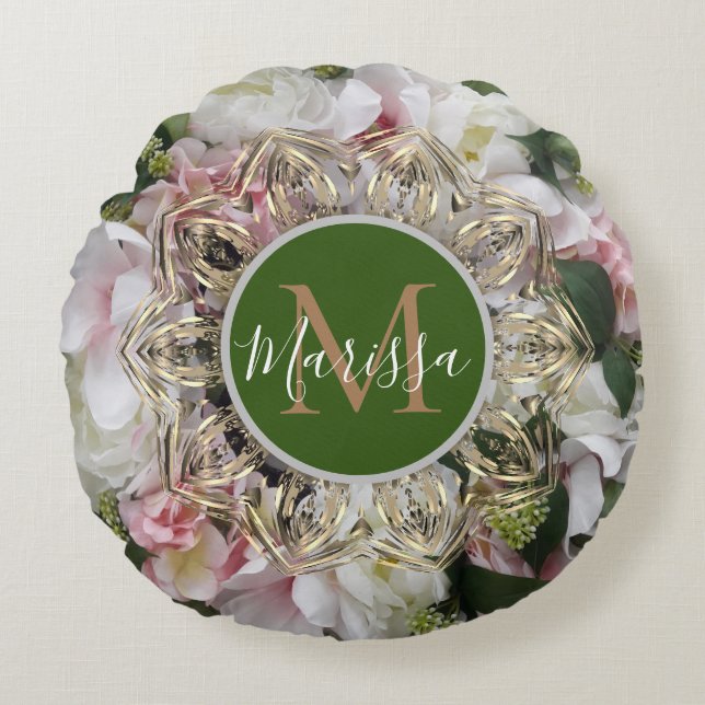 Blommigt Guld Hexagon Mandala Monogram Round Pillo Rund Kudde (Framsidan)