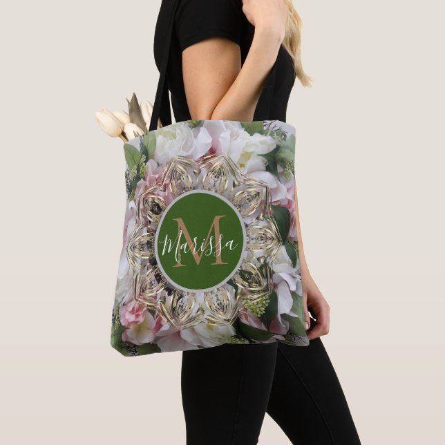 Blommigt Guld Hexagon Mandala Monogram Tote Bag Tygkasse (Närbild)