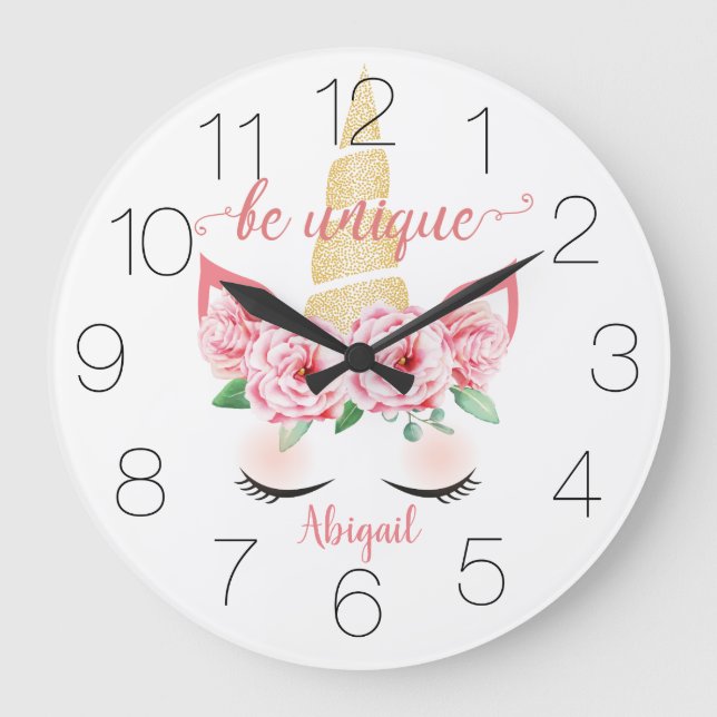 Blommigt Guld Horn Unicorn Stor Klocka (Framsida)