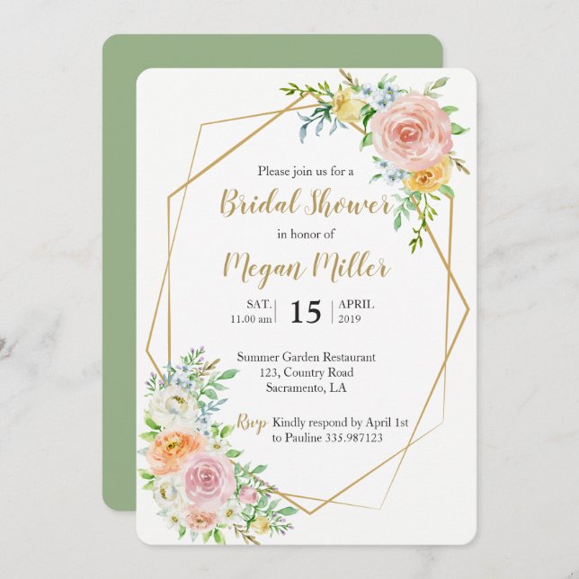 Blommigt guld Inbjudningskort för möhippan (Fram/baksida)