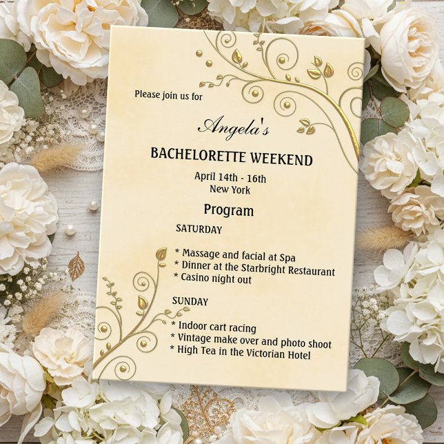 Blommigt Guld Itinerary Bachelorette Helg Inbjudan (Bachelorette weekend itinerary invitation with romantic gold floral swirls on yellow watercolor)