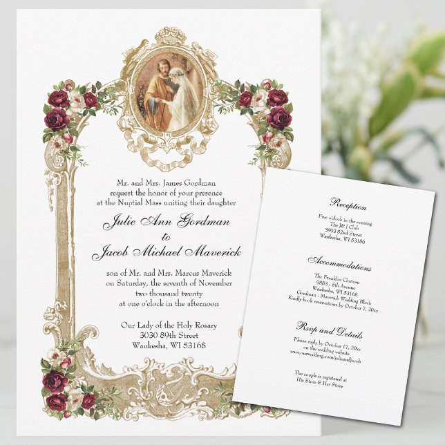 Blommigt & Guld katolska Bröllop & mottagning Inbjudningar (Coordinating wedding prayer cards available in our shop. )