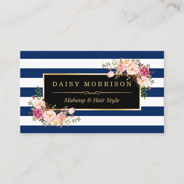 Blommigt Guld Makeup Salon Changable Navy Rand Visitkort (Framsida)