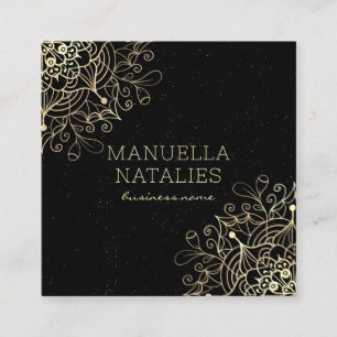 Blommigt Guld Mandala Black Fyrkantigt Visitkort
