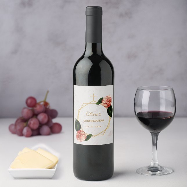 Blommigt Guld Marble Rosa Camellia Vinflaska Etikett (Skapare uppladdad)