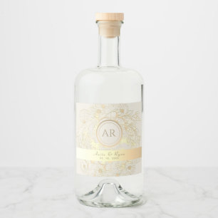 Blommigt Guld Monogram Bröllop Spritflaskor Etikett
