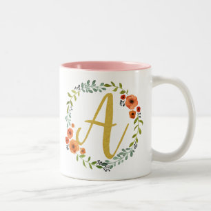 Blommigt Guld Monogram Initial A Två-Tonad Mugg