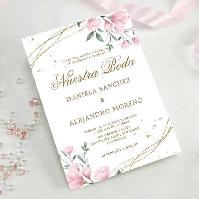  Blommigt Guld Nuestra Boda (Spanien) Bröllop Inbjudningar (Skapare uppladdad)