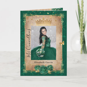 Blommigt Guld och Grönt Quinceañera Photo Folded Inbjudan