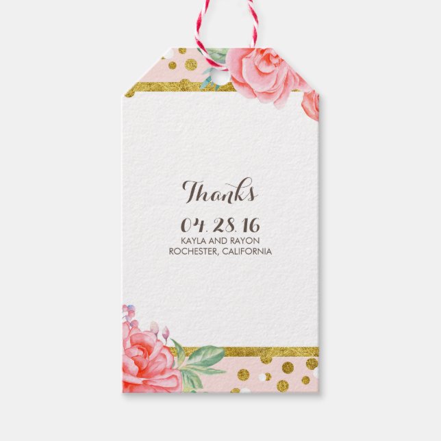 blommigt guld och rand rosa bröllop presentetikett (Framsidan)