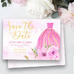 Blommigt Guld och Rosa Princess Gown Spara Datumet<br><div class="desc">Söt blommigt spara datumet - perfekt för en quinceanera eller söt 16 firande. Utformningen har en rosa- och guld prinsessa-klänning, vackert rosa ros och blommor på en galaxy stil-vattenfärgstvätta. Spara datumet i ett skript för elegant och mallen är redo för dig att lägga till händelsemedatumet. Bläddra i min Galaxy-Blommigt för...</div>