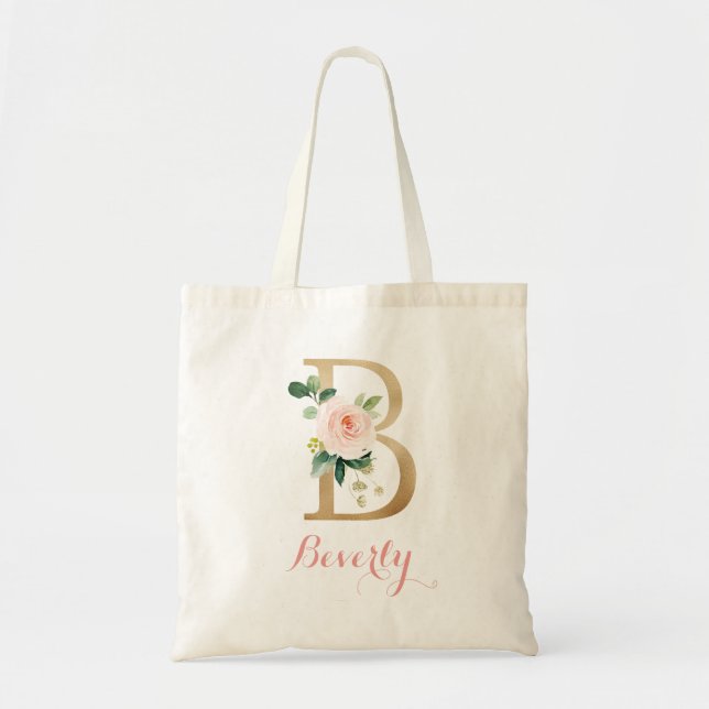 Blommigt Guld  Personlig Brev "B" Tote Bag Tygkasse (Framsidan)