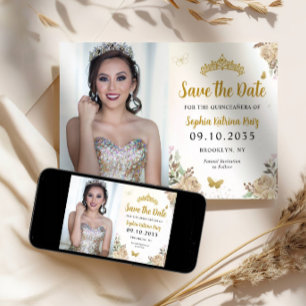 Blommigt Guld Princess Birthday Quinceanera Photo Spara Datumet
