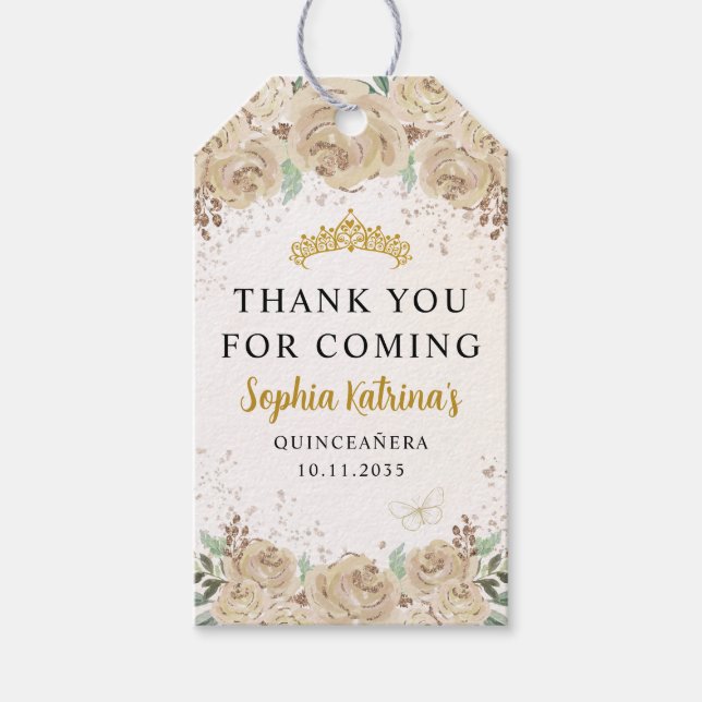 Blommigt Guld Princess Quinceanera Birthday Favor Presentetikett (Framsidan)