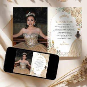 Blommigt Guld Princess Quinceanera Photo Tack Inbjudningar