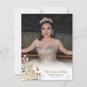 Blommigt Guld Princess Quinceanera Photo Tack Inbjudningar
