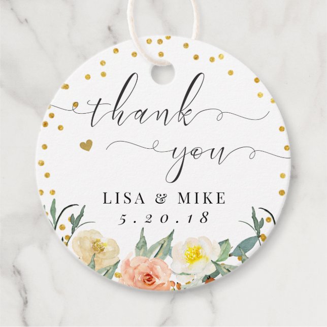 Blommigt Guld-punkter vid Tacken Bröllop Gåvor Etiketter (Framsida)