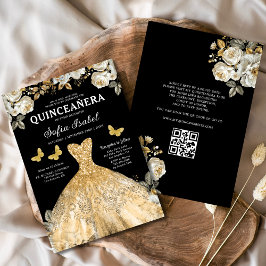 Blommigt Guld QR-koden Princess Quinceanera Inbjudningar