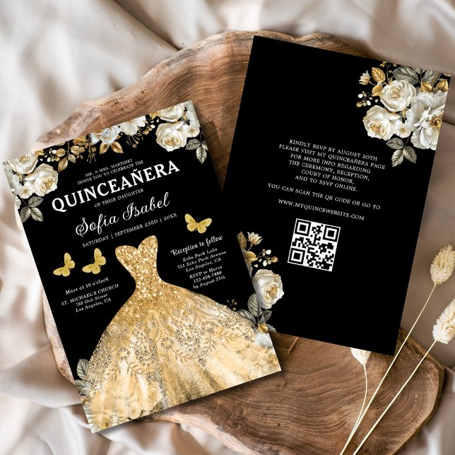 Blommigt Guld QR-koden Princess Quinceanera Inbjudningar (Skapare uppladdad)
