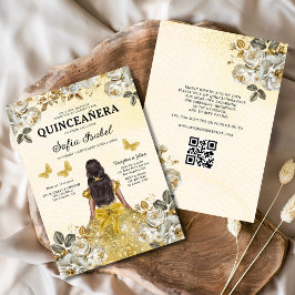Blommigt Guld QR-koden Princess Quinceanera Inbjudningar
