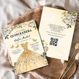 Blommigt Guld QR-koden Princess Quinceanera Inbjudningar