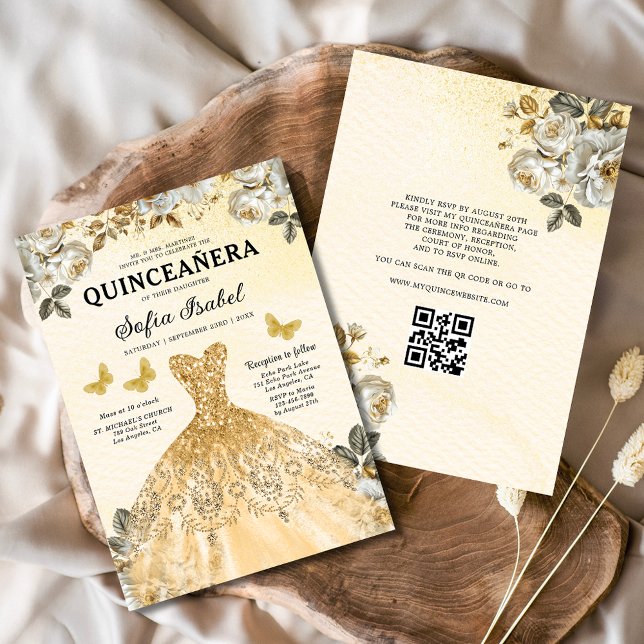 Blommigt Guld QR-koden Princess Quinceanera Inbjudningar (Skapare uppladdad)