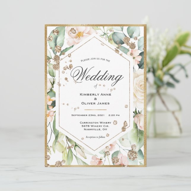 Blommigt Guld Ram Watercolor Bröllop Inbjudningar (Stående Fram)