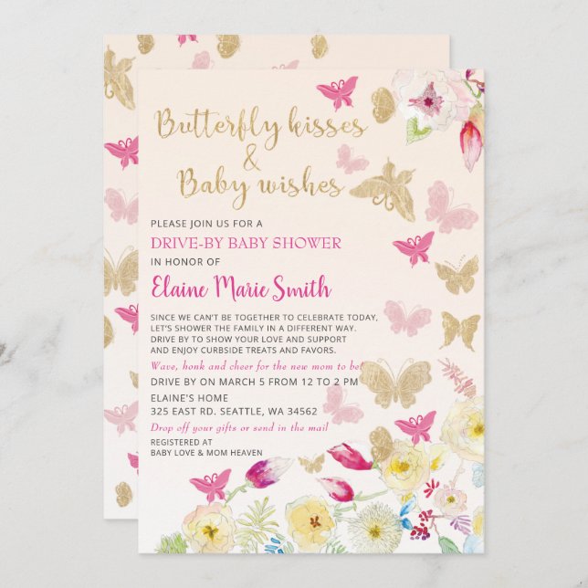 Blommigt Guld Rosa Butterflies Drive by Baby Showe Inbjudningar (Fram/baksida)