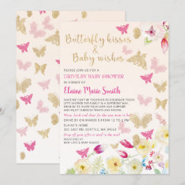 Blommigt Guld Rosa Butterflies Drive by Baby Showe Inbjudningar