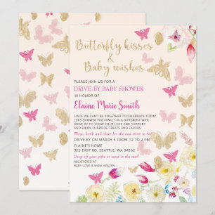 Blommigt Guld Rosa Butterflies Drive by Baby Showe Inbjudningar