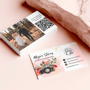 Blommigt guld rosa Photography logotyp qr-kod för  Visitkort