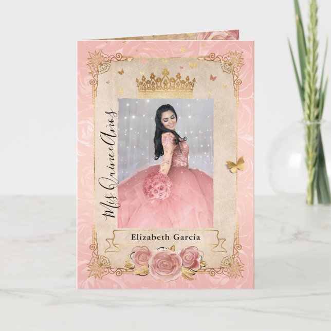 Blommigt Guld  Rosa Quinceañera Foto Foldad Inbjudan (Framsida)