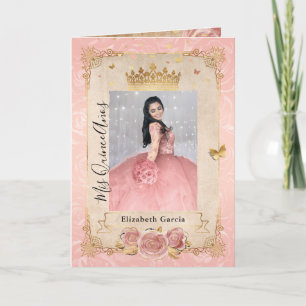 Blommigt Guld Rosa Quinceañera Foto Foldad Inbjudan