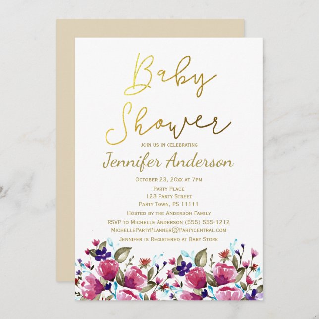 Blommigt Guld Rosa ros Bebisysslor för vattenfärg Inbjudningar (Fram/baksida)