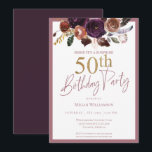 Blommigt Guld Rosa Surprise 50:e Födelsedagsfesten Inbjudningar<br><div class="desc">Den här elegantens 50:e överraskning är födelsedagsfest inbjudan perfekt för er speciella händelse! Den här designen har vackra blommor,  rikens lila,  rosa och guld. Anpassningsbarnas typografi är trendig och elegant!</div>