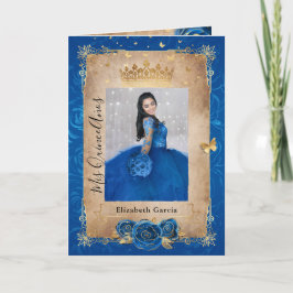 Blommigt Guld Royal Blue Quinceañera Photo Foled Inbjudan