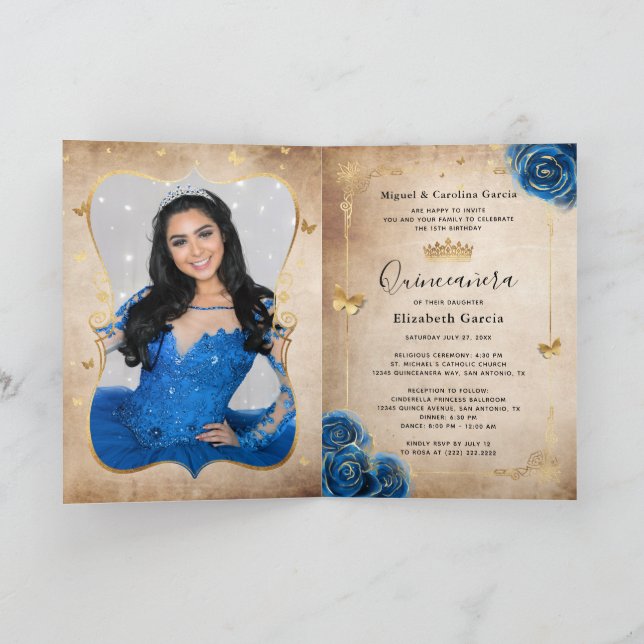 Blommigt Guld Royal Blue Quinceañera Photo Foled Inbjudan (Inuti)