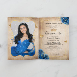 Blommigt Guld Royal Blue Quinceañera Photo Foled Inbjudan