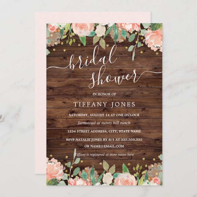 Blommigt  Guld Rustic Wood Möhippa Inbjudningar (Fram/baksida)