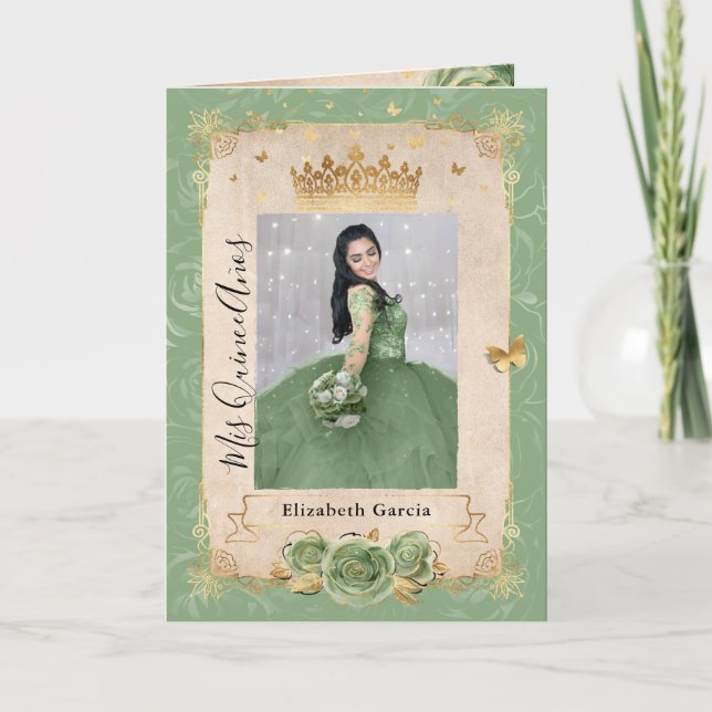 Blommigt Guld Sage Grönt Quinceañera Photo Foled Inbjudan (Framsida)
