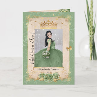Blommigt Guld Sage Grönt Quinceañera Photo Foled Inbjudan