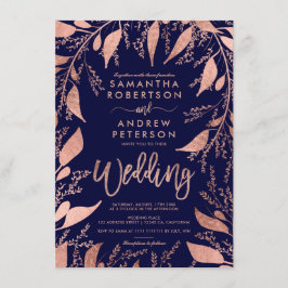 Blommigt guld typografi - marin blå chic bröllop inbjudningar