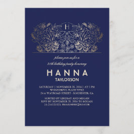 Blommigt Guld Vintage och marin Födelsedagsfest Inbjudningar