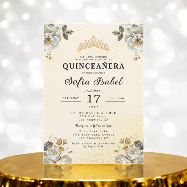 Blommigt Guld White Princess Quinceanera Inbjudningar (Skapare uppladdad)